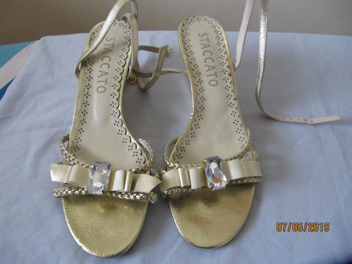 Staccato shoes UK metallic Gold open toes diamante and bow