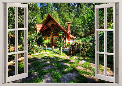 Landhaus Bäume Natur Szene Hobbit 3D Effekt Sicht Fenster Aufkleber Vinyl Poster 385