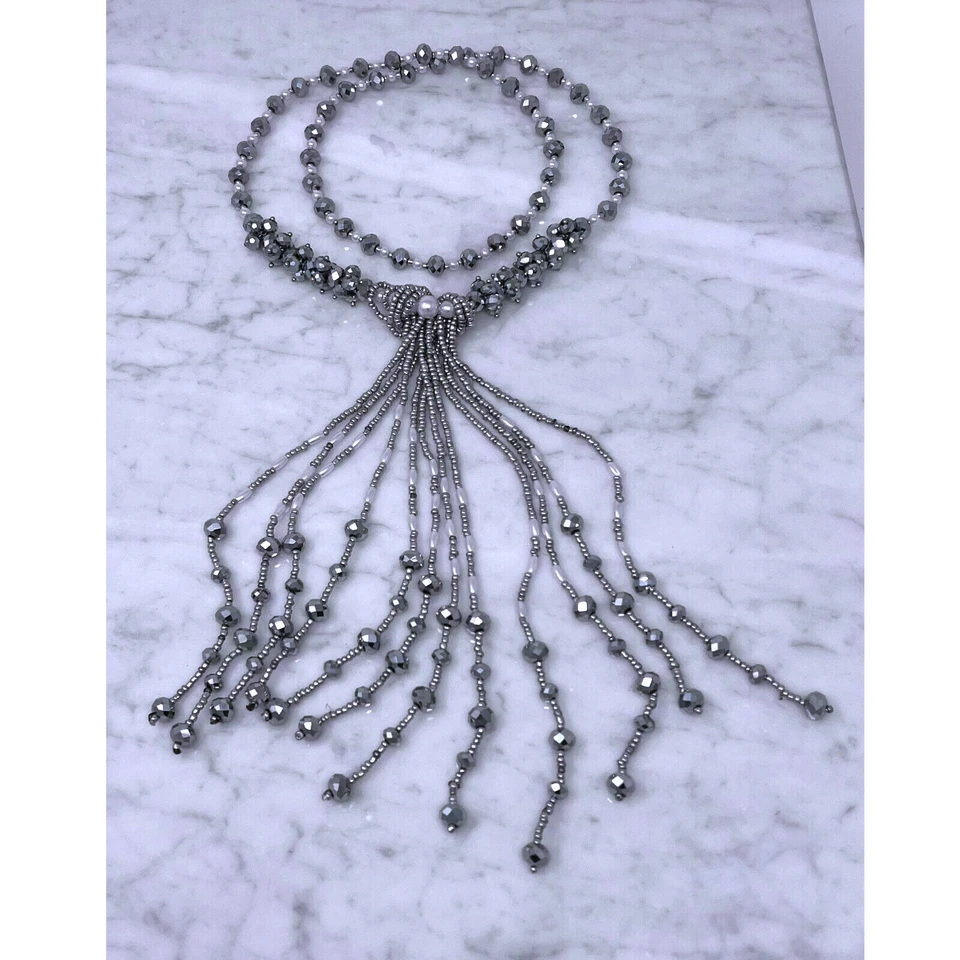 Collana Lunga Perline Donna Frange Elegante Modello Classico Brillante Argento - Immagine 2 di 2