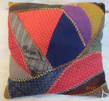 VINTAGE CRAZY QUILT PILLOW WITH BROWN VELVETEEN BACK