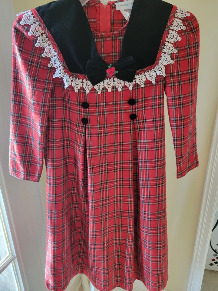Rare Editions Dress Sze 7 Red Plaid Velvet Collar Lace Holiday Christmas Party - Image 3 of 4