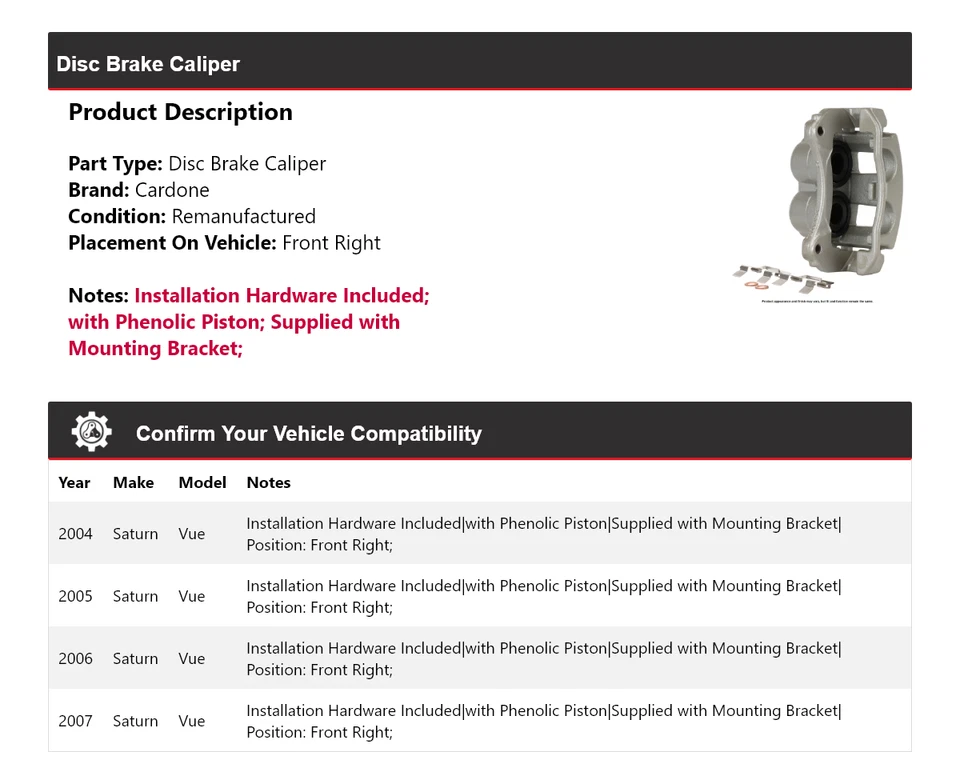 Pinza de freno de disco delantera derecha Cardone 2005 2006 Saturn Vue 2004-2007 Foto 2 de 4