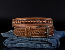 Beaded Western Belt Cowboy Rodeo Full Grain Leather Hand Tooled Removable Buckle