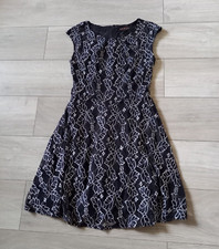 Amaya Black & White Floral & Leaf Pattern Lace Flared Dress Party Evening UK12