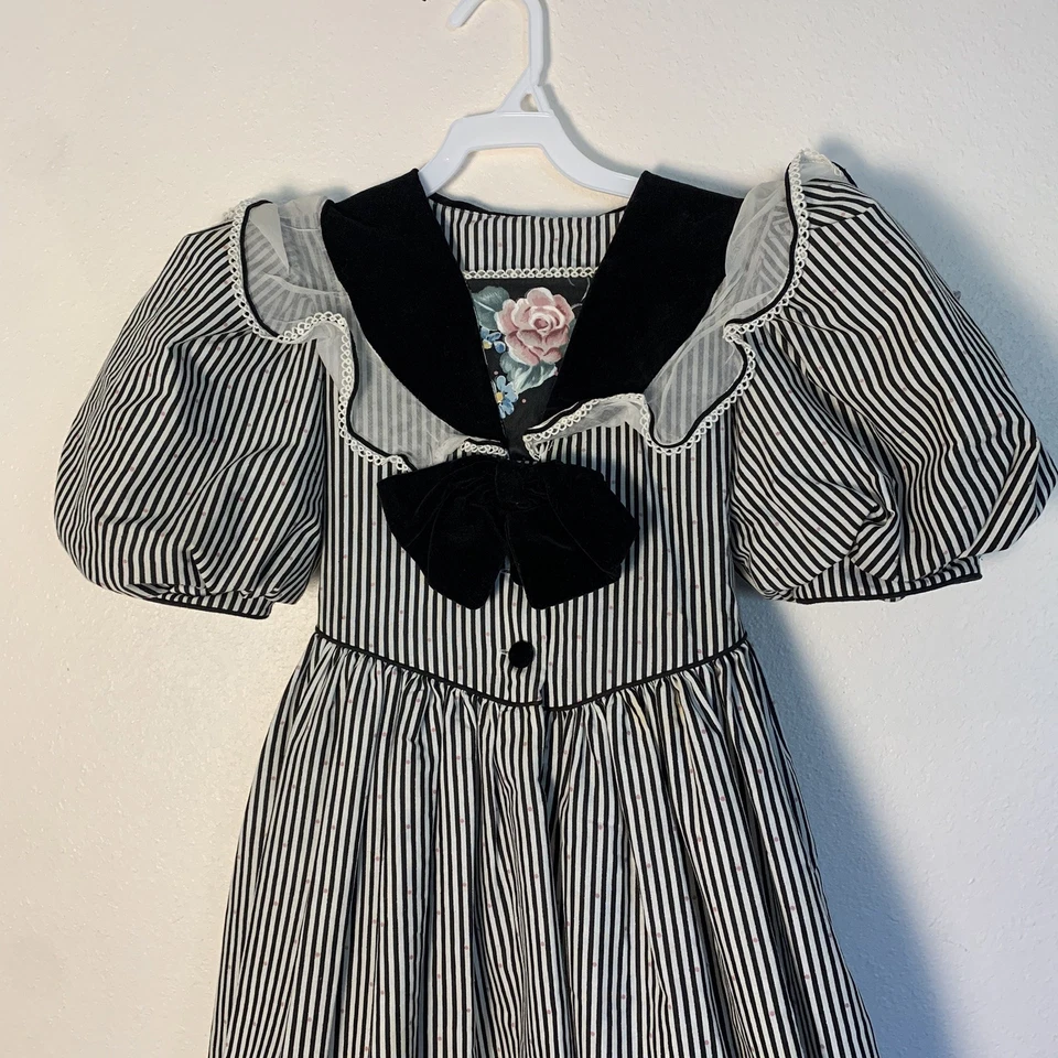 Vestido Vintage Daisy Kingdom Victoriano Rosa Niñas 8 Rayas Cuello Terciopelo Floral Foto 2 de 4