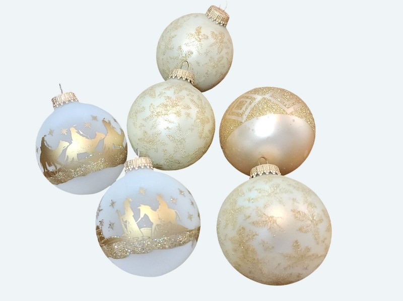 6 Gold & White Krebs Christmas Ornaments Glitter Nativity & Snowflake Designs