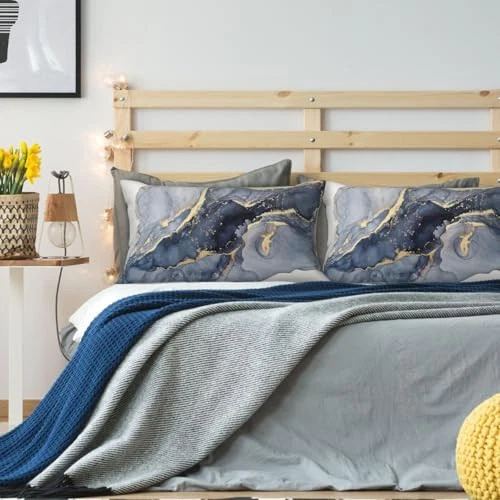 Modern Abstract Marble Blue and Gold Throw Pillow Covers 12x20 in Pillow Case  - Image 3 of 4