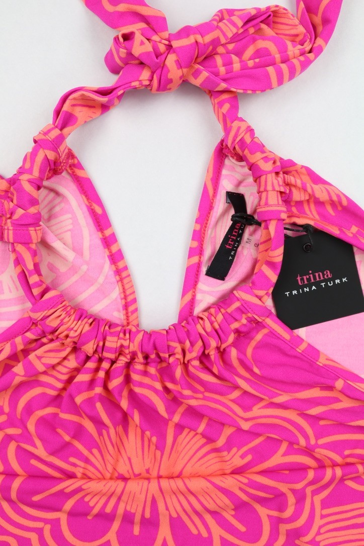 $168 NWT Trina By Trina Turk Juju Mini Women M Coral Multi Print Halter Dress