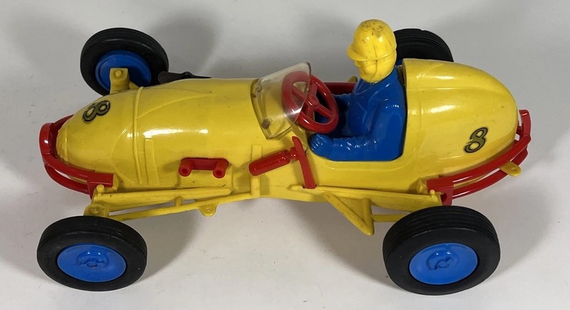 Vintage Nosco Wind Up Plastic Doodle Bug Sprint Midget Racer #8 Yellow Hot Rod