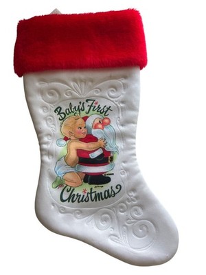 Vtg Babys First Christmas Stocking With Red Fuzzy Cuff & Printed Santa Graphic