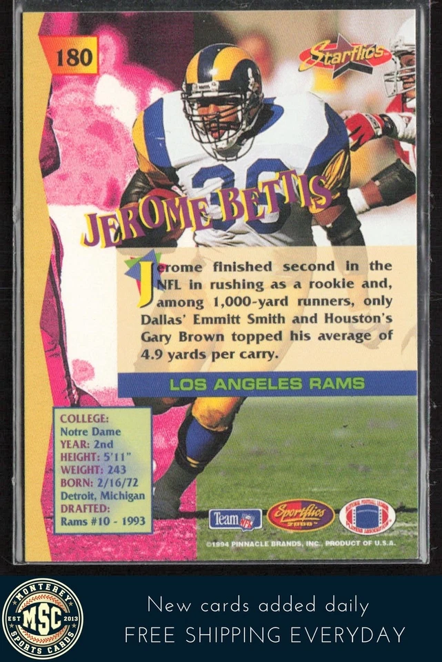 Jerome Bettis 1994 Sportflics #180 Los Angeles Rams - Image 2 of 2