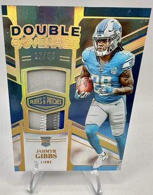 2023 Panini Plates & Patches - Jahmyr Gibbs Double Coverage Gold /50 (RC, MEM)