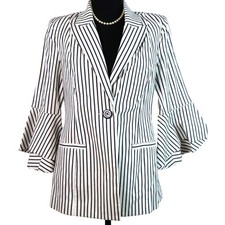 Cabi Navy Blue White Pin Striped Blazer Jacket Women 4 Bell Sleeve Cotton
