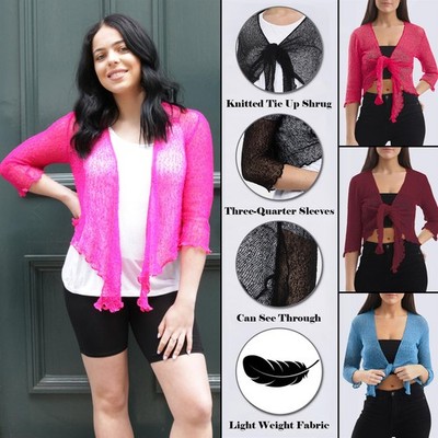 Womens Ladies Tie Up Knitted Open Front Bolero Shrug Cropped Top