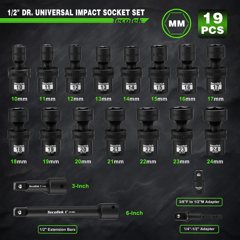 19 PCS 1/2" Drive Shallow Universal Impact Socket Set, Swivel Socket Set, Met... - Image 2 of 4