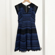 Rebecca Taylor Boucle Dress Size 4 Blue Black FIt Flare Leather Classic Boho