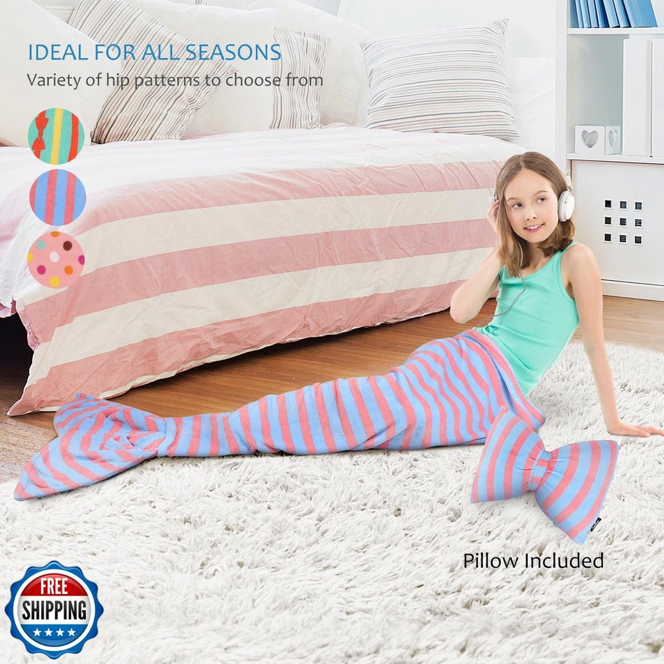 Catalonia Kids Mermaid Tail Blanket Pillow Cushion,Super Soft Coral Plush Fle - Image 3 of 4