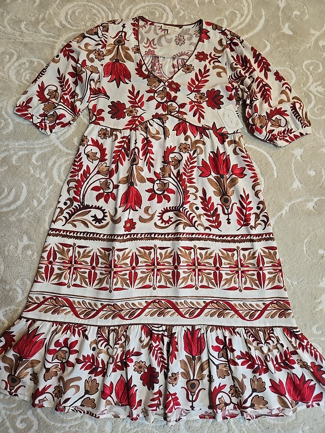 NWT Anthropologie Fig And Flower Sz M Rayon Linen Floral Midi Dress Red Beige