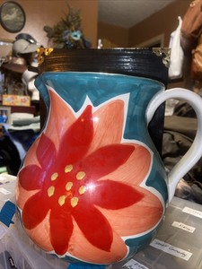 Pier 1 One Large Water Tea Pitcher Bright Floral Hand Painted In Italy Tiny Chip