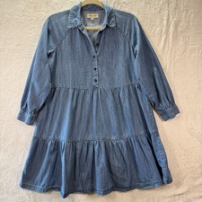 Madewell XS Chambray Denim Tiered Babydoll Shirt Dress Long Sleeve Collared Blue