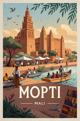 Faszinierendes Mopti, Mali Reiseposter - Lebendiges Stadtbild Kunstdruck A1-A4 Poster