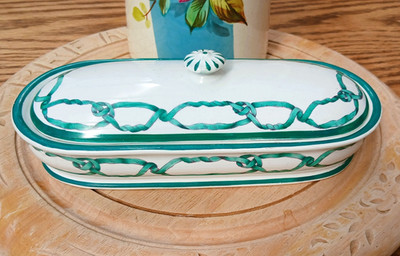 Antique Green Ribbon Covered Toothbrush Razor Dish Holder Vanity Box Victorian