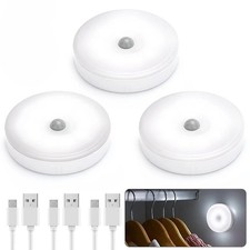 3pcs Motion Sensor Puck Lights LED Wireless USB Rechargeable Operated