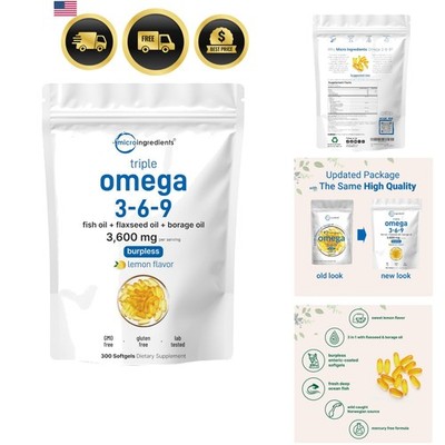 Ultra Omega 3-6-9 3600mg Per Serving, 300 Burpless Softgels | Lemon Flavor   ...