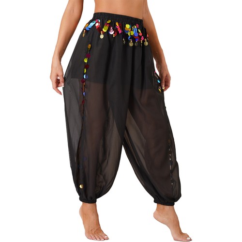 Women Belly Dance Costume Side Split Sequins Shiny Bloomers Trousers Harem Pants - Picture 62 of 117