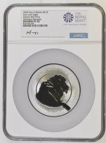 2024 G.B. 5 oz S£10 Lion & Eagle .999 Silver Privy FDOI NGC REV. PF70 Jennings