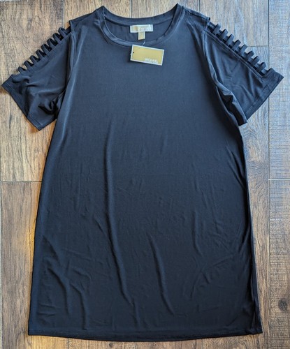MICHAEL KORS Womens Plus Size 1X Black Open Slit Sleeve Stretch Tunic Blouse NWT