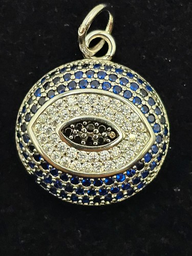 925 Sterling Silver Evil Eye Pendant with Blue & Clear Gemstones - Picture 3 of 6