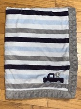 Child of Mine Blue Gray White Stripe Puppy Dog Truck Baby Blanket/Lovey