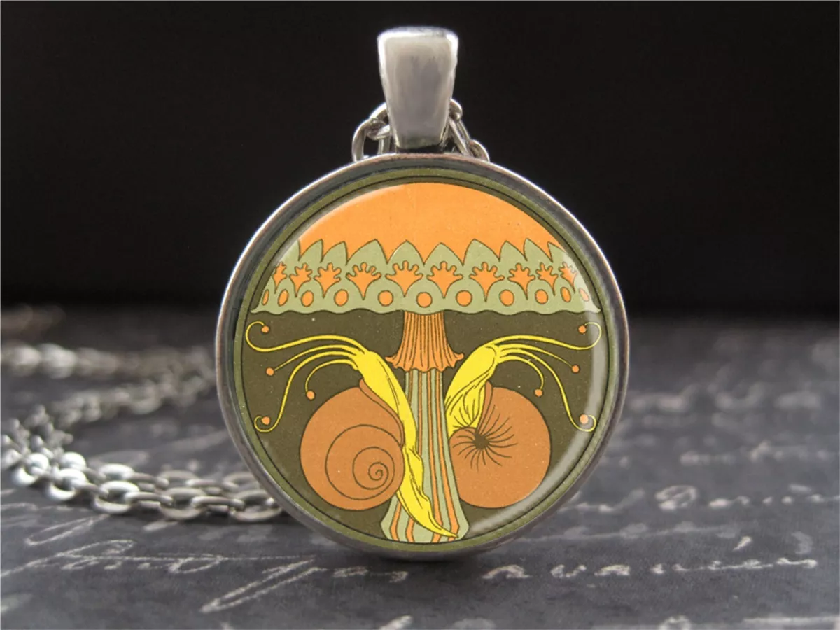 Art Nouveau Snail Mushroom Necklace Vintage Art Pendant Handmade