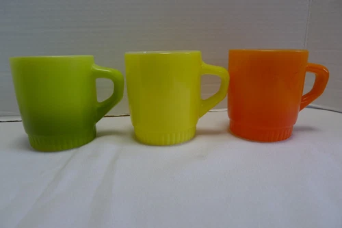Anchor Hocking Fire King Mugs Ribbed Base Stackable Orange Green & Yellow