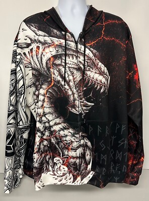 NWOT -Dragon Viking Symbol All Over Print Hoodie Jacket Street Wear Sz. 2XL