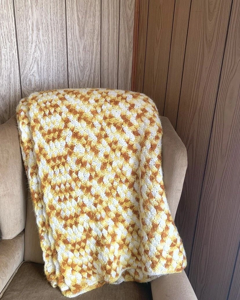 Vintage Handmade Crochet Afghan Blanket Queen Orange Yellow White