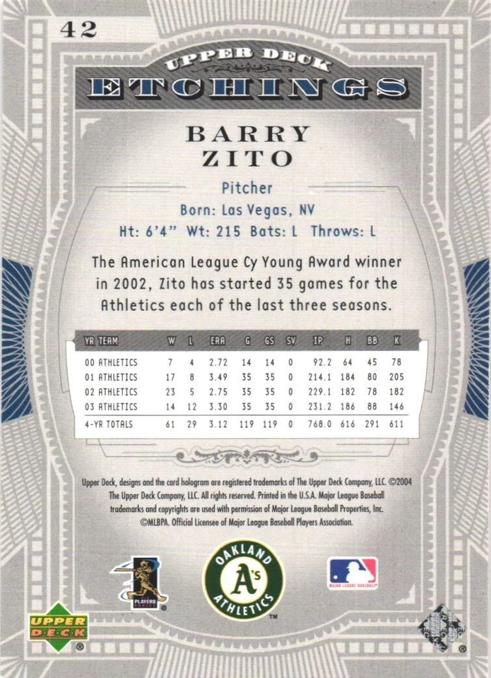 2004 Upper Deck Etchings #42 Barry Zito Oakland Athletics - Image 2 of 2
