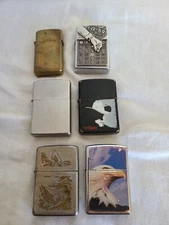 6 ZIPPO LIGHTERS; ALL USED/ALL DIFFERENT STYLES AND AGE