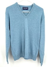 Vintage Robert Bruce Sweater Mens L Blue V Neck Soft Made USA Tight Knit 90s