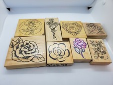 Lot of 8 Rose Themed Wood Mounted Rubber Stamps