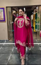 Ethnic Look Chinnon Silk Salwar Kameez With Pink Dupatta For Women Party Wear
