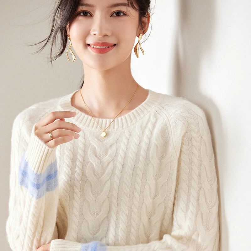 Crew Neck Sweater Women s Loose Thick Twisted Wool Knitted Pullover Jumper Tops