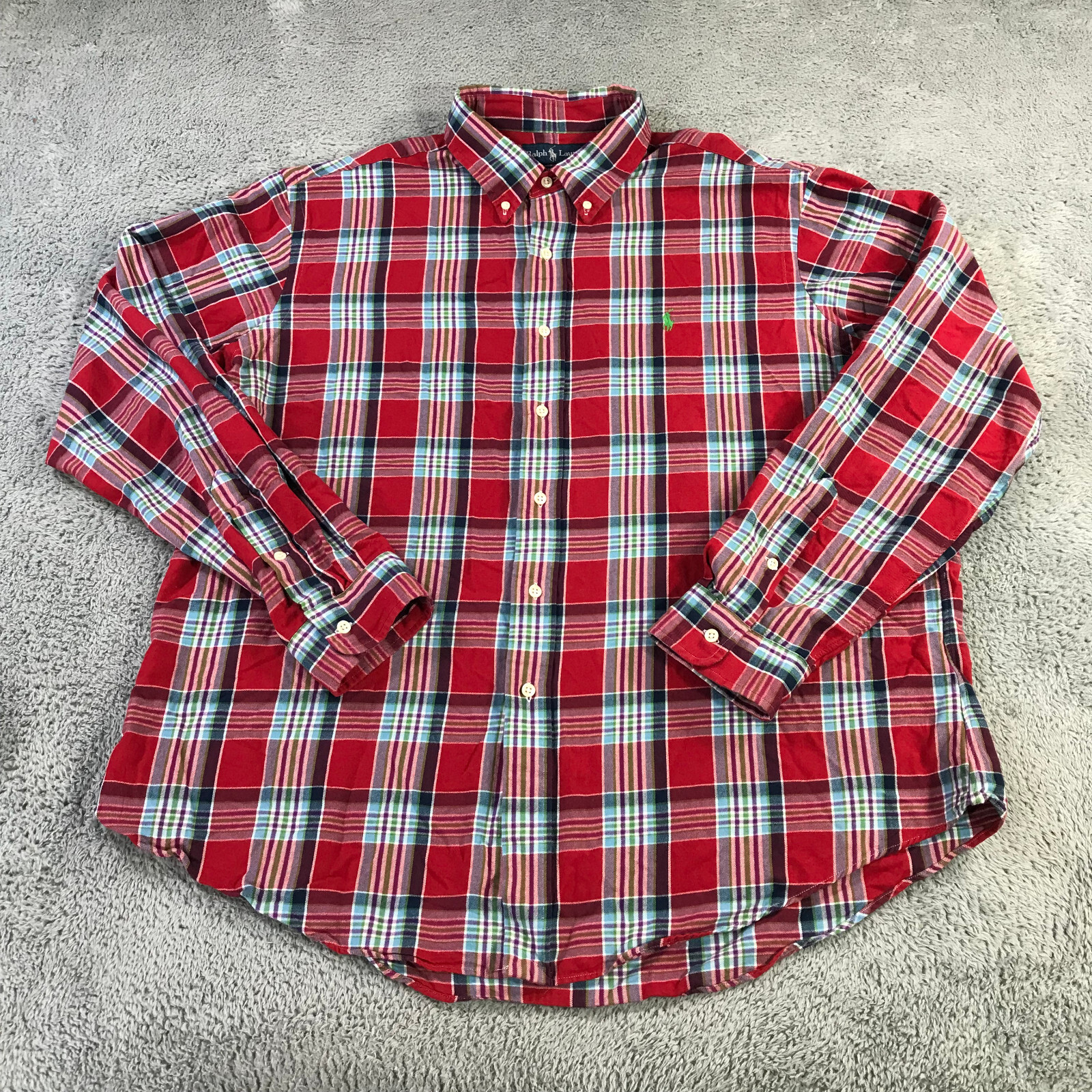 Camicia Ralph Lauren uomo 2XL XXL con bottoni vestibilità personalizzata a quadri blu rosso pony casual