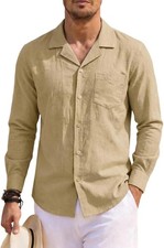 Men's Cotton Linen Button Down Long Sleeve Shirt Solid Pocket