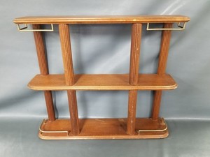 VTG 23.5"x5"x20" Ribbed Column 4-Post 3-Tier Wood Wall Shelf Brass Rails MCM