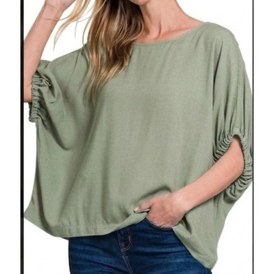 Zenana  Woven Oversized 3/4 Sleeve Boxy Top Light Olive Green Rayon Blouse Small