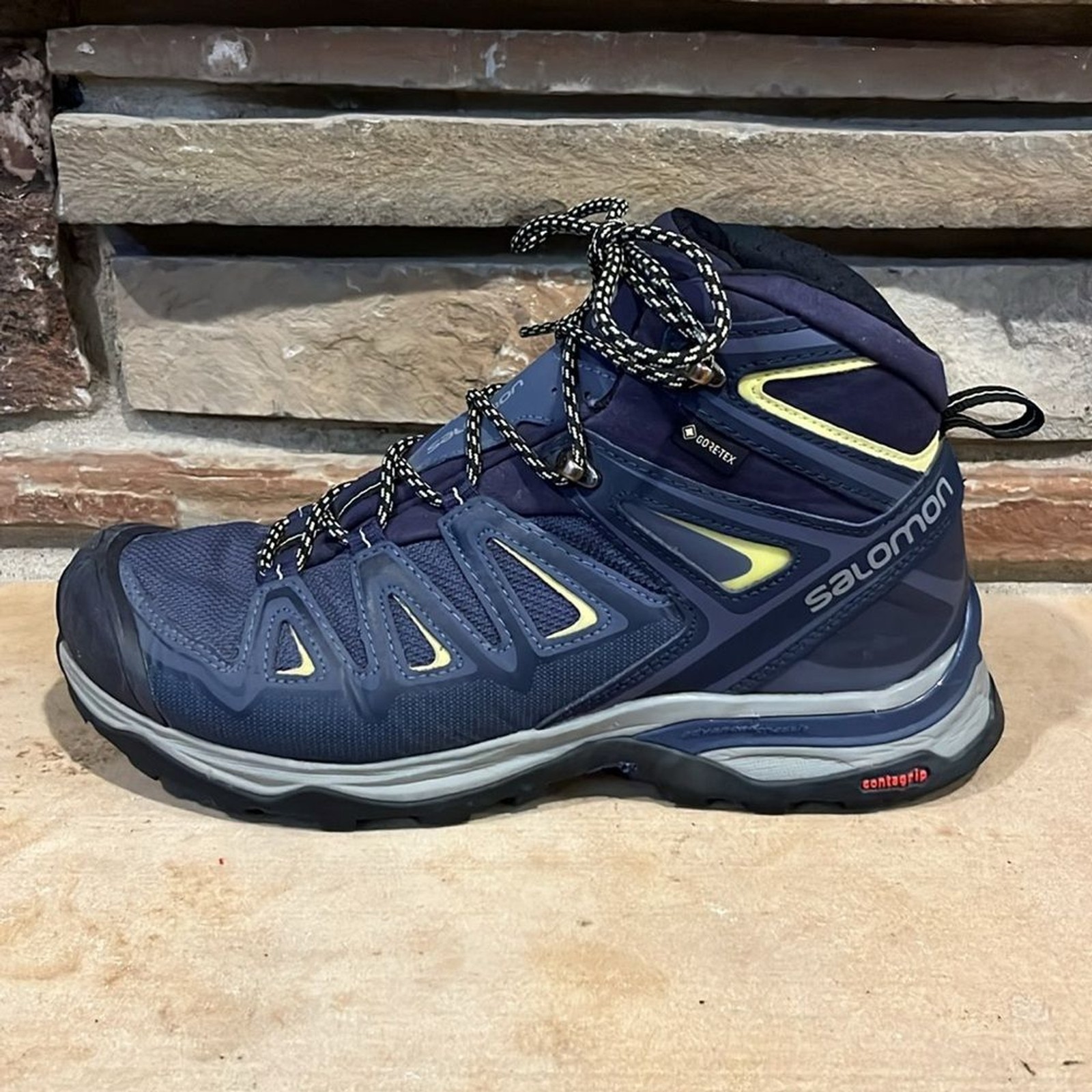 Stivali da trekking alti Salomon X ultra larghi Gore Tex blu e giallo