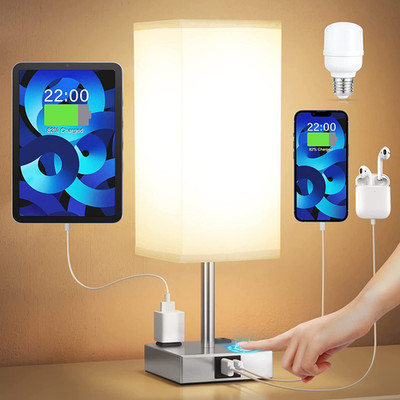 Touch Bedside Table Lamp for Bedroom - Dimmable, USB C+A, 2 AC Outlets | 3-Way D