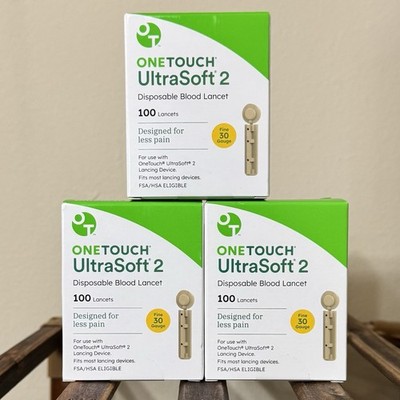 OneTouch UltraSoft 2 Lancets - 300 Total (3 Boxes) Fine 30 Gauge Expires 01/2029